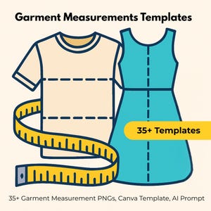 Paquete de plantillas de medición de ropa, conjunto de imágenes PNG de tallas de prendas, recurso editable para revendedores en Canva, solicitud de IA, herramienta para vendedores de eBay, Poshmark y Etsy