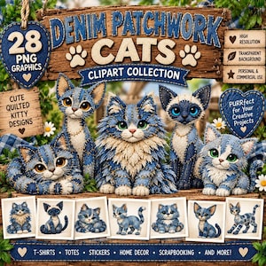 May include: A digital clipart collection featuring 28 denim patchwork cat graphics. The set includes various cat illustrations with blue fabric textures and stitched details, presented on a wooden background with text labels and small heart icons.