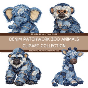 Denim Patchwork Zoo Animals PNG Bundle | Plush Blue Jean Animal Clipart | 32 Graphics Elephant Monkey Lion Giraffe Capybara Dolphin Peacock