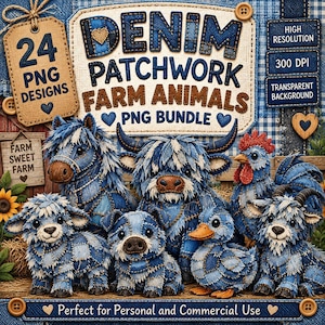 May include: A digital graphic bundle featuring 24 denim patchwork farm animals including a horse, cow, rooster, sheep, pig, and duck. The text reads DENIM PATCHWORK FARM ANIMALS PNG BUNDLE, 24 PNG DESIGNS, HIGH RESOLUTION, 300 DPI, and TRANSPARENT BACKGROUND.