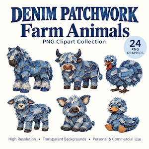 May include: A digital collection titled Denim Patchwork Farm Animals featuring 24 PNG graphics. The set includes illustrations of a horse, bull, turkey, lamb, pig, and duck, all rendered with a blue denim patchwork texture and visible stitching.