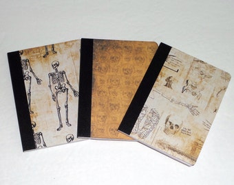 3 Halloween Mini Composition Notebook Journals, Altered Notebooks, Small Notebooks with Lined Sheets, Skull, Skeleton, Fall Vintage Inspired