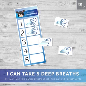 Może przedstawiać: Drukowana karta pracy z postacią kresk&oacute;wkowej dziewczynki i tekstem "I Can Take 5 Deep Breaths". Jest pięć ponumerowanych p&oacute;l z niebieskim symbolem wiatru w dw&oacute;ch pierwszych polach. Jest pięć niebieskich kart z symbolem wiatru do umieszczenia w polach.