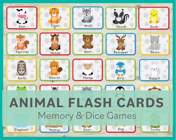 printable cute animal flashcards dice and memory game etsy ireland