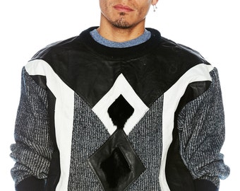 Awesome vintage 80&#39;s Cuccini Sports 100% Leather and Fur accented black and white sweater