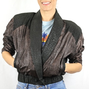 Vintage 80&#39;s Otero© Metallic Embossed Black Leather Bomber Jacket