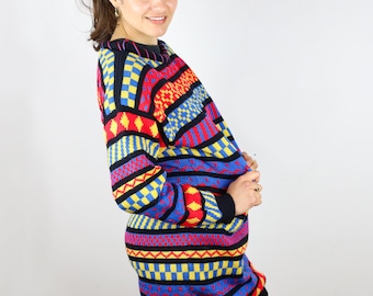 Funky Vintage 90&#39;s Mulitpattern Colorful Long Sweater Dress