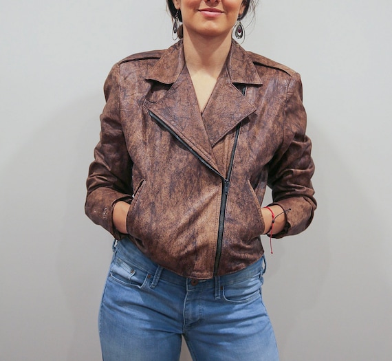 Vintage 80's Brown Acid Washed Leather Jacket