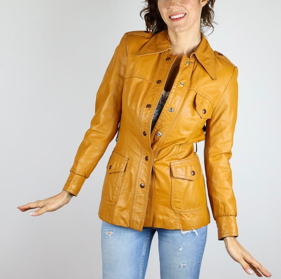 Funky Vintage 70's Light Burnt Orange Leather Tren