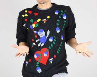 Funky Vintage 80&#39;s Rafael® &quot;Cats and Mice Playing w Balloons&quot; Embroidered Sweater