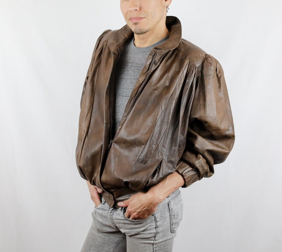 Vintage 's Brown Puffy Leather Bomber Jacket   Etsy Canada