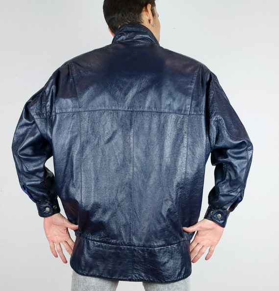 Vintage 80's Ultra Midnight Blue 100% Leather Lon… - image 3
