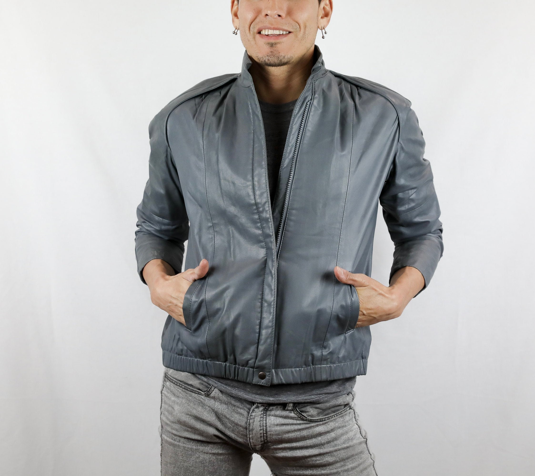 Vintage 80's Gray Leather Members Only Style Bomber Jacket Vintage 80's Gray Leather Members Only Style Bomber Jacket