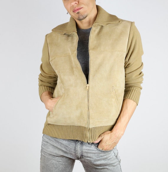 Vintage 80's Bullock's™ Tan Leather Panel Zip-up … - image 1