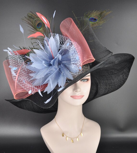 Derby Hat - gray with coral feather and gray flower accents Derby Hats | Kentucky Derby Hats | Derby Fascinators – PinkTag main image 2