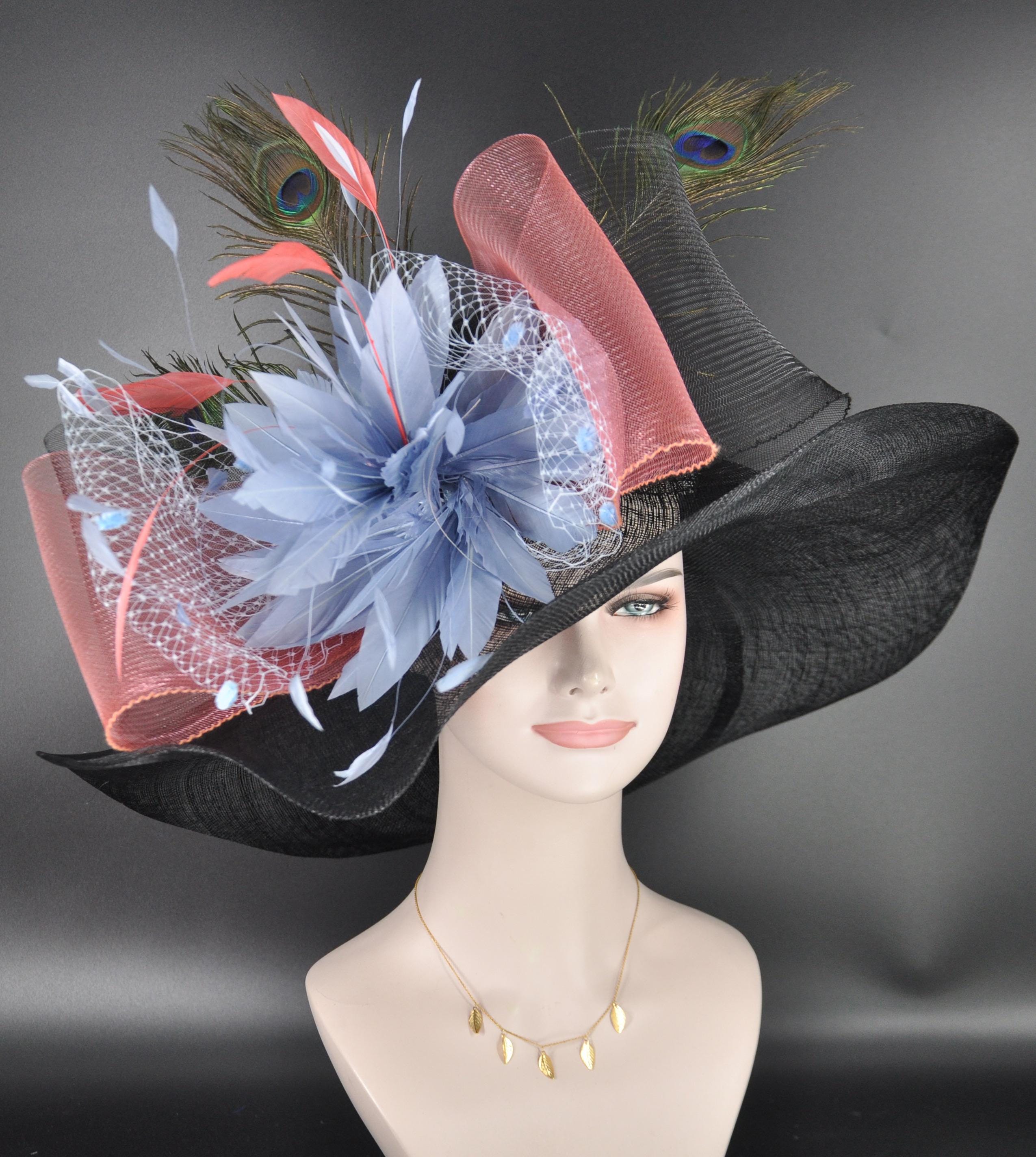 Black with Blue Coral Pink Bow and Feather Flowers Kentucky Derby Hat,  Tea Party Hat Wide Brim  Sinamay  Hat