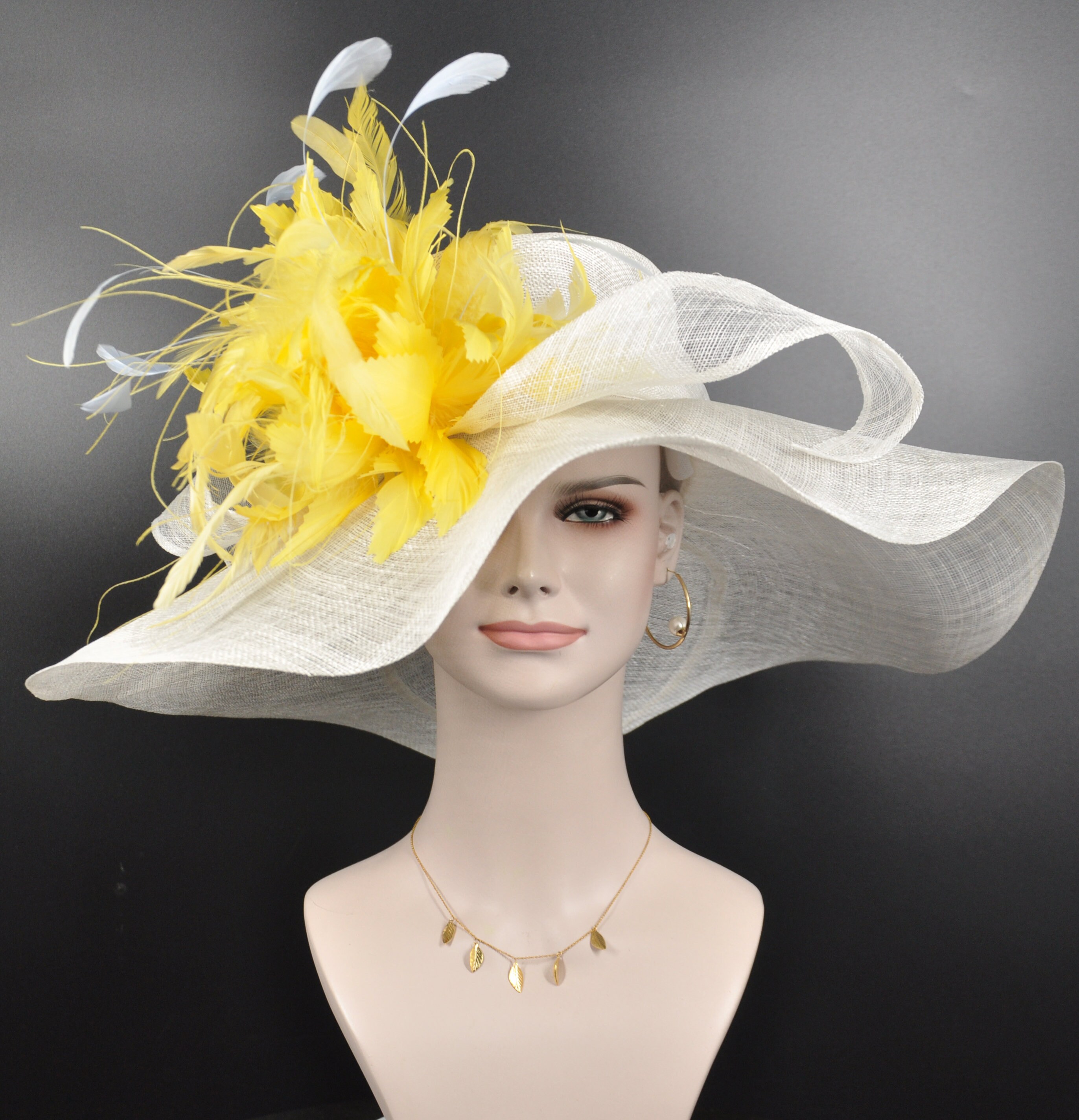 Wide Brim Sinamay Derby Hat: White & Yellow Feathered Church 