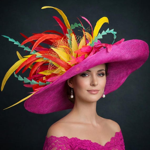 Kentucky Derby Hat Fascinator Oaks Vibrant Feather Tea Statement Headwear Large Kentucky Derby Hat Ascot Fascinator Lemon Yellow  main image 3