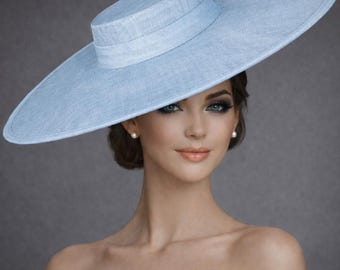 Tocado de sinamay de ala ancha azul claro, sombrero Ascot Royal para bodas, carreras, Derby de Kentucky, fiestas, madre de la novia