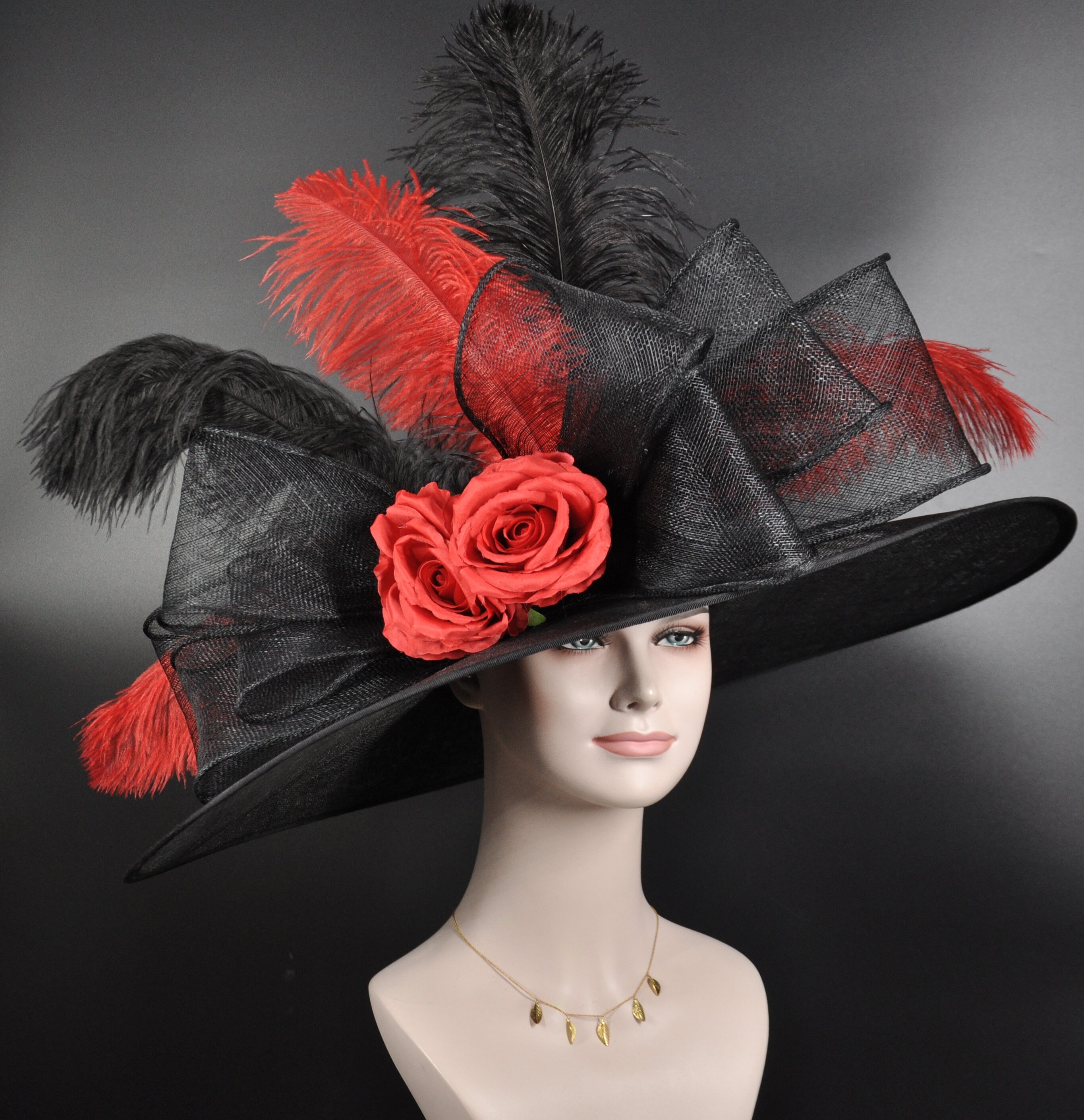 Elegant Wide Brim Sinamay Hat, Ostrich Feathers Rose Flower  display picture 2
