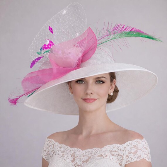White Hot Pink Green Feather Wide Brim Kentucky Derby Hat  display picture 3