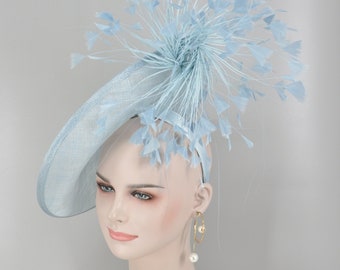 Powder Blue Derby Hat: Sinamay Fascinator with Goose Feather Flowers
