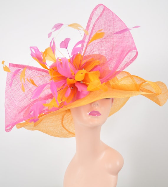 Elegant Women\'s Wide-Brim Feather Hat in Fuchsia and Orange Large Fuchsia Pink Burnt Orange Rose Flower Fascinator Hat  main image 2