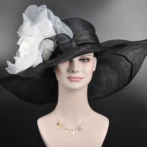 Black w White Jumbo Silk Flower, Kentucky Derby hat, Church hat, Wedding hat, Tea Party hat , Floppy Wide Brim Sinamay Dress Hat
