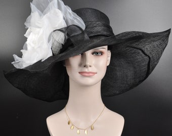 Black w White Jumbo Silk Flower, Kentucky Derby hat, Church hat, Wedding hat, Tea Party hat , Floppy Wide Brim Sinamay Dress Hat