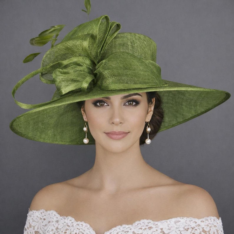 Olive Green Three Layer Wide Brim Sinamay Hat Kentucky Derby Hat Wedding Church Tea Party Garden Party Ascort Royal Party Hat image 2