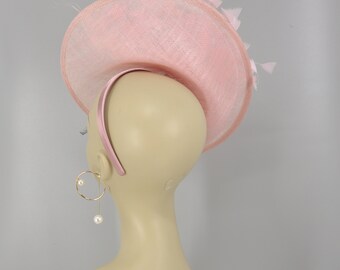 Blush Pink Sinamay Fascinator Hat Black Trim Feather Detail Wedding Derby Clip M22020( Black Pale Pink hat)Kentucky Derby hat, Wedding hat  main image 4