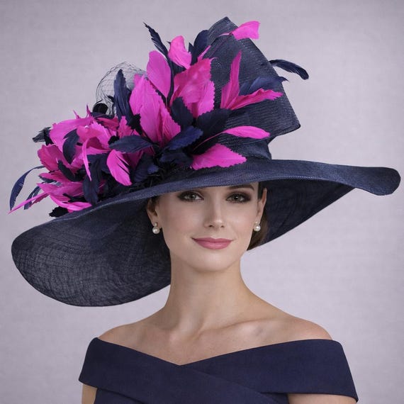 New Kentucky Derby Hat Fascinator Navy Pink Floral Accents Tea Garden Party Navy and Pink Flower Fascinator Kentucky Derby Hat, Easter  main image 3