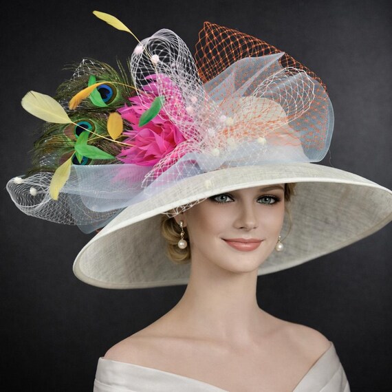 Ivory Flower Peacock Feathers Wide Brim Sinamay Hat for  display picture 2