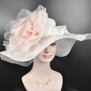 White w Blush Pink Jumbo Silk Flower, Kentucky Derby hat, Church hat, Wedding hat, Tea Party hat , Floppy Wide Brim Sinamay Dress Hat