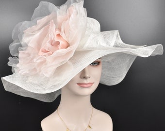 White w Blush Pink Jumbo Silk Flower, Kentucky Derby hat, Church hat, Wedding hat, Tea Party hat , Floppy Wide Brim Sinamay Dress Hat