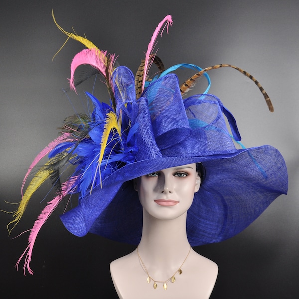 Church Kentucky Derby Hat Carriage Tea Party Wedding Wide Brim Sinamay Hat Royal Blue + Royal Blue  More Colors Options Oaks day  Hat