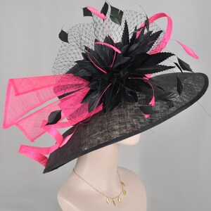 Black w Hot Pink  Kentucky Derby,Tea Party Carriage Party  Wide Brim  Sinamay Hat