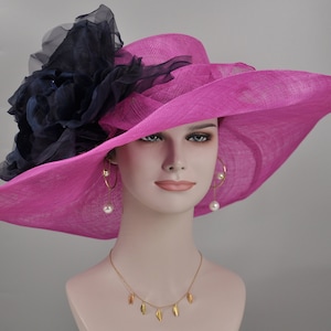 Fuchsia  Pink w Navy Blue Jumbo Silk Flower, Kentucky Derby hat, Church hat, Wedding hat, Tea Party hat , Floppy Wide Brim Sinamay Dress Hat