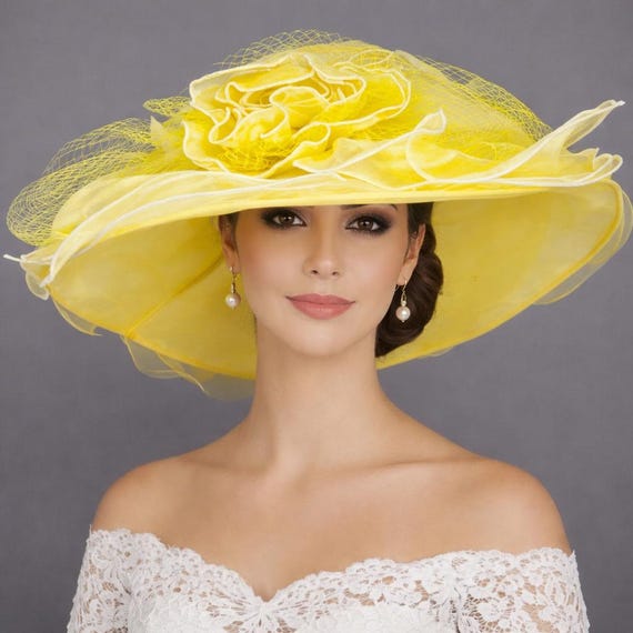 Wide Brim Yellow Derby Hat, Organza Flower, Tea Party  display picture 2