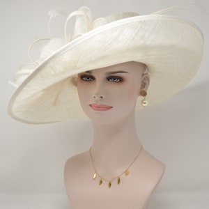 Church Kentucky Derby Hat Carriage Tea Party Wedding Wide Brim Royal Ascot Horse Race Oaks day hat Off White/Ivory image 3