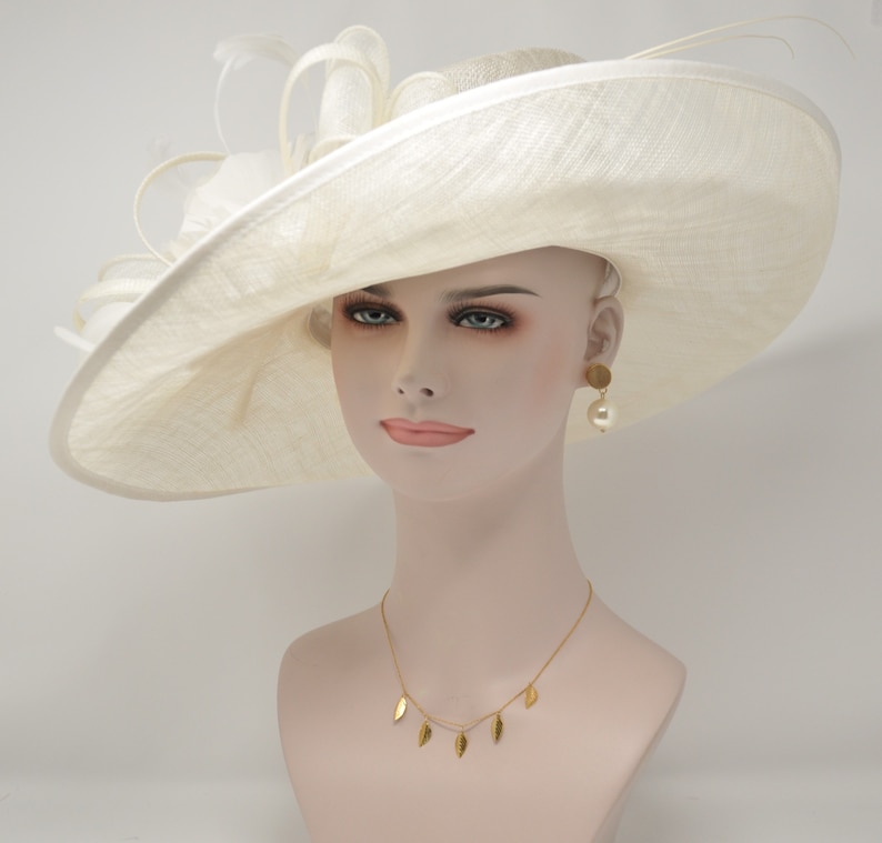 Church Kentucky Derby Hat Carriage Tea Party Wedding Wide Brim Royal Ascot Horse Race Oaks day hat Off White/Ivory image 3