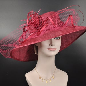 TH21009 Burgundy/Maroon Wide Brim Sinamay Hat Church Kentucky Derby Hat Carriage Tea Party Wedding  Royal Ascot Horse Race Oaks day hat