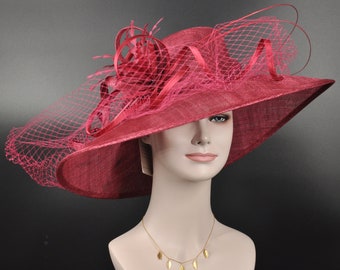 TH21009 Burgundy/Maroon Wide Brim Sinamay Hat Church Kentucky Derby Hat Carriage Tea Party Wedding  Royal Ascot Horse Race Oaks day hat