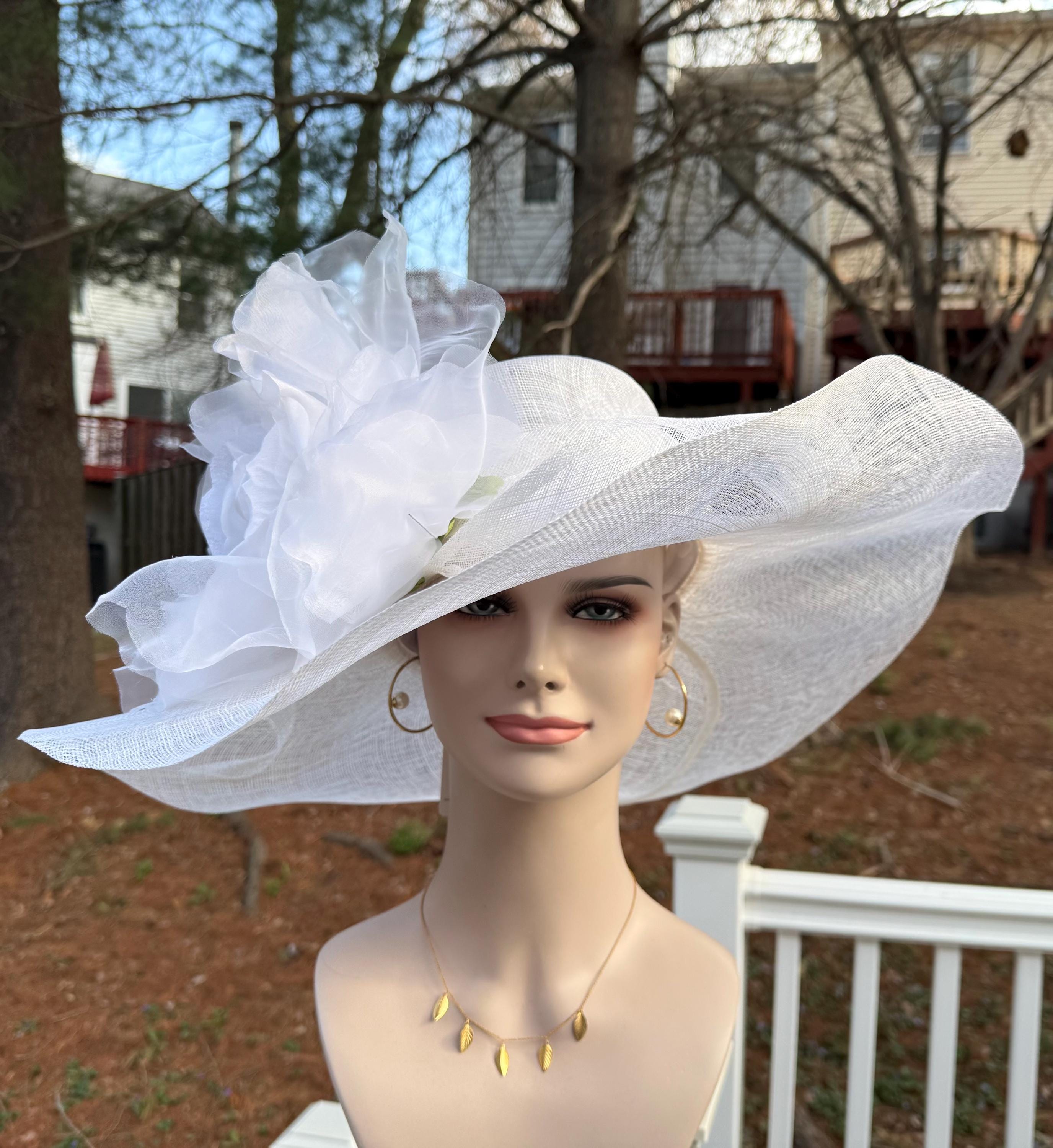 White Silk Flower Wide Brim Sinamay Hat for Kentucky Derby  display picture 2