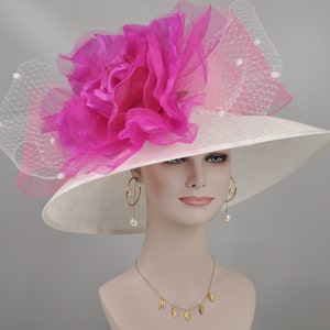 Church Kentucky Derby Hat Carriage Tea Party Wedding Wide Brim  Hat in Solid Sinamay Hat White w Fuchsia/Hot Pink Jumbo Silk Flower