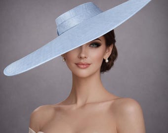 Light Blue Wide Brim Sinamay Fascinator Hat  Ascot Royal Hat for Wedding Race Day Kentucky Derby Party Mother of the Bride Studio Photoshoot