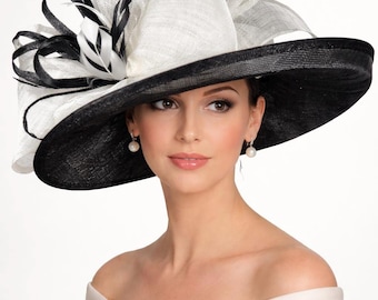 Wide Brim Sinamay  Hat for Kentucky Derby, Ascot Racing Hat, Elegant Wedding Guest Hat, Mother of the Bride Hat Black w White