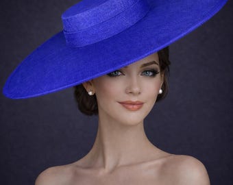 Tocado de sinamay de ala ancha azul real, sombrero Ascot Royal para bodas, carreras, Derby de Kentucky, fiestas, madre de la novia