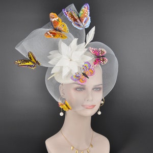 Kentucky Derby Wedding Feather w Butterflies  Floral Organza w Sinamay Headband Fascinator Hat Cocktail White