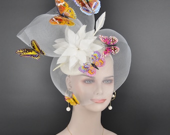 Kentucky Derby Wedding Feather w Butterflies  Floral Organza w Sinamay Headband Fascinator Hat Cocktail White
